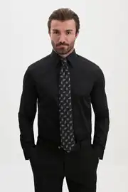 Slim Fit Erkek Geniş Yaka Düz Kumaş Pamuk Saten Gömlek  2