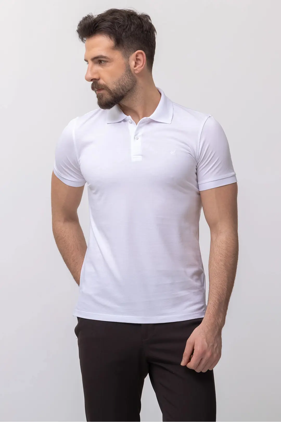 Slim Fit Erkek Polo Yaka Kısa Kol Pamuk Tshırt - BEYAZ
