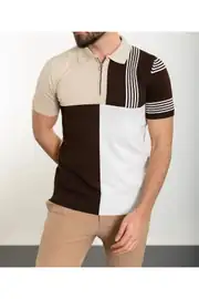 Slim Fit Erkek Parçalı Fermuarlı Polo Yaka Kısa Kol Tshırt 1