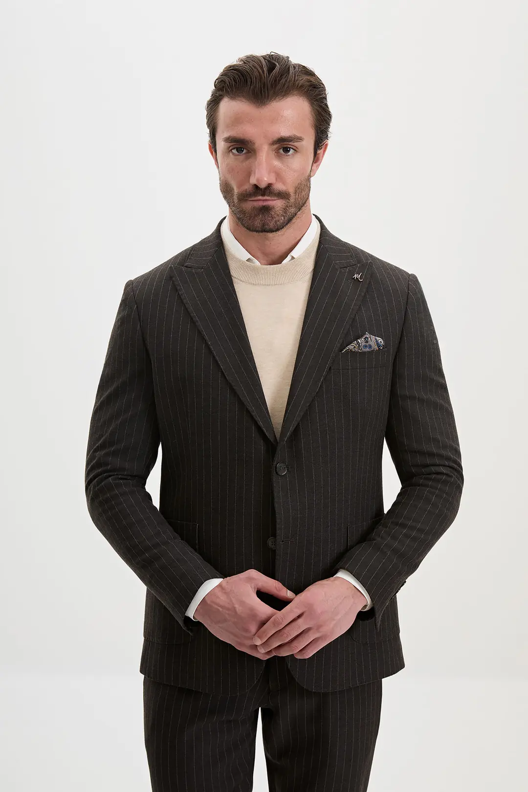 Slim Fit Erkek Çizgili Torba Cep Kırlangıç Yaka Kışlık Ceket  1