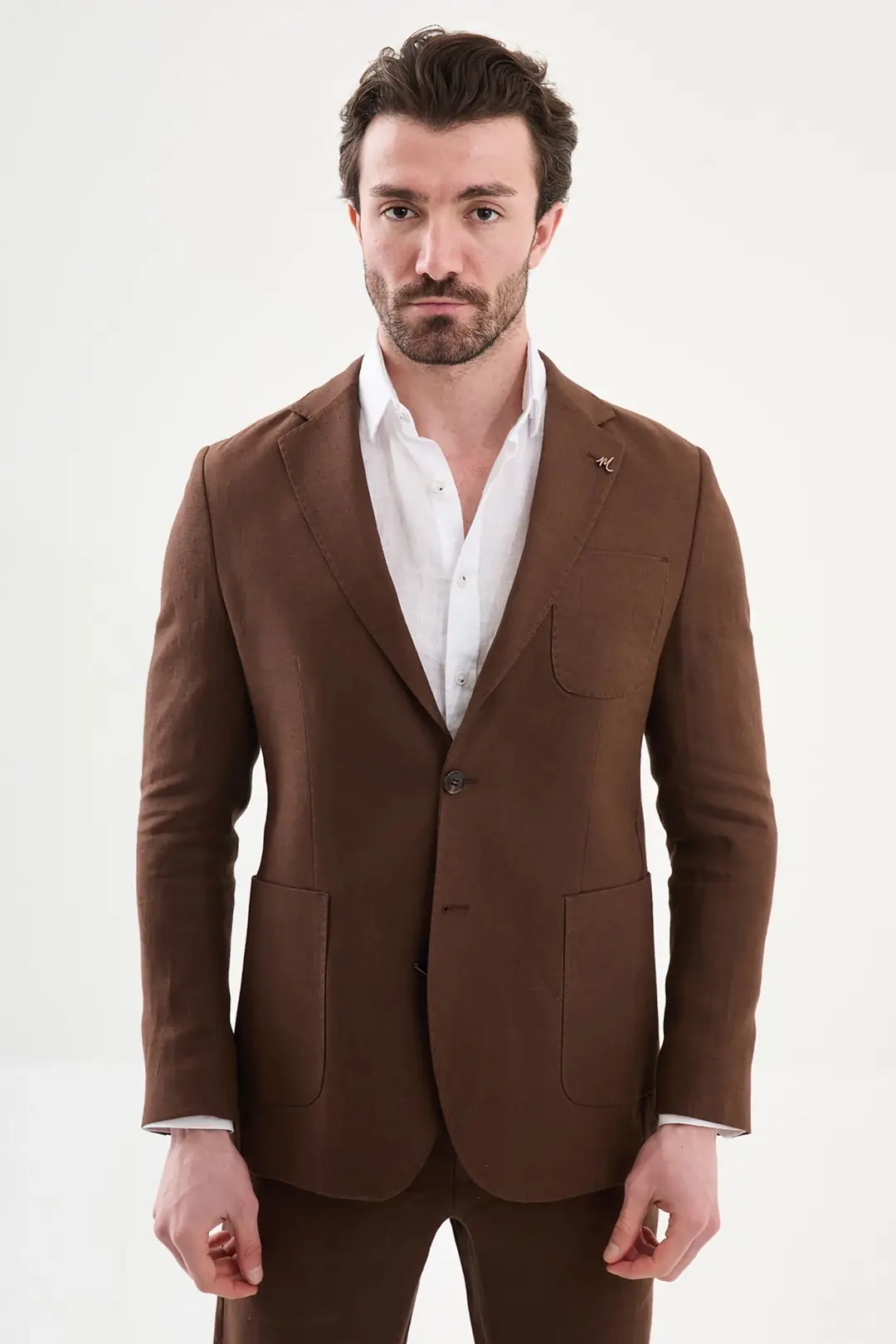 Slim Fit Erkek Torba Cep Mono Yaka Ham Keten Ceket - KAHVERENGİ
