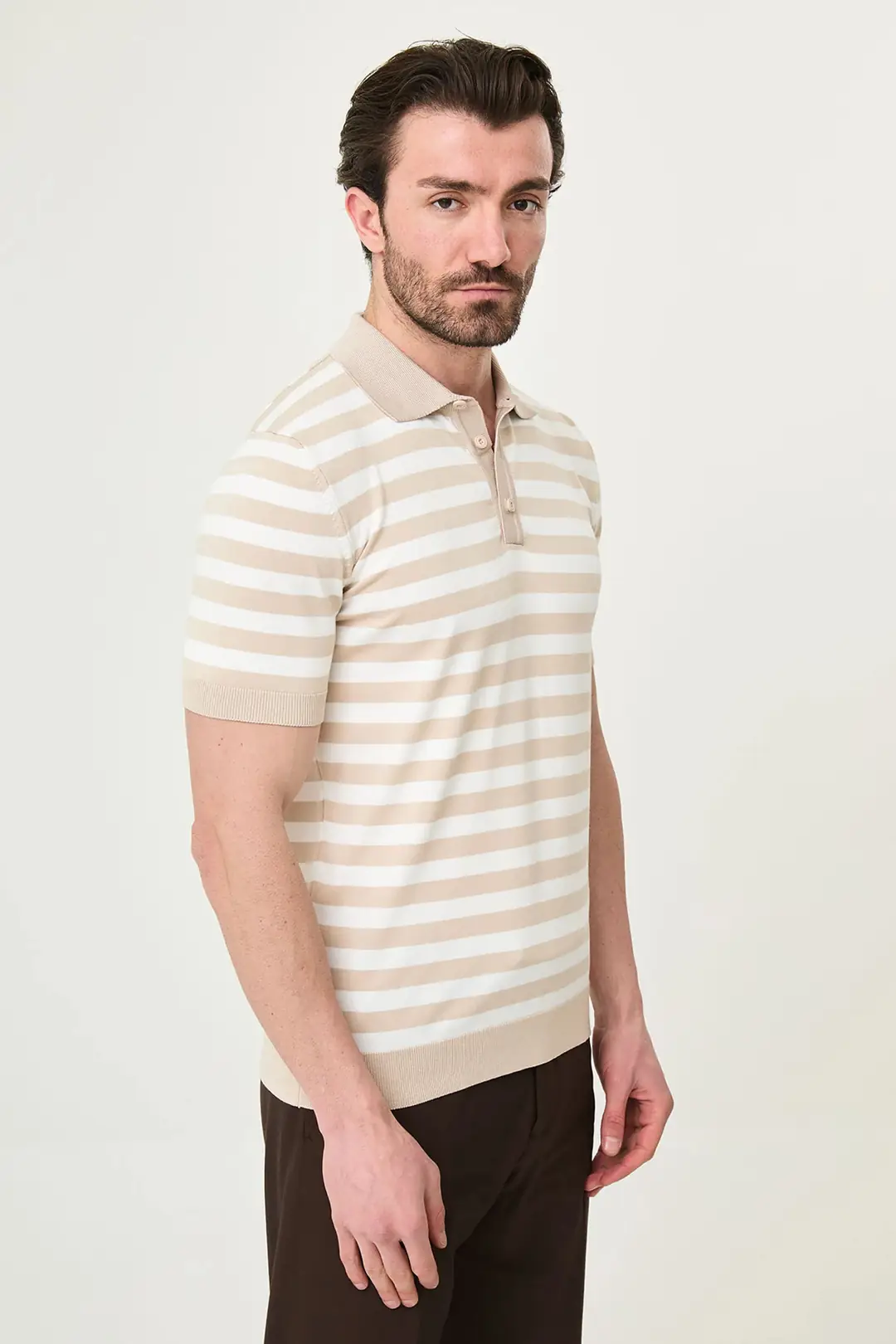 Slim Fit Polo Yaka Düğmeli Çizgili Kısa Kollu Tshırt 7