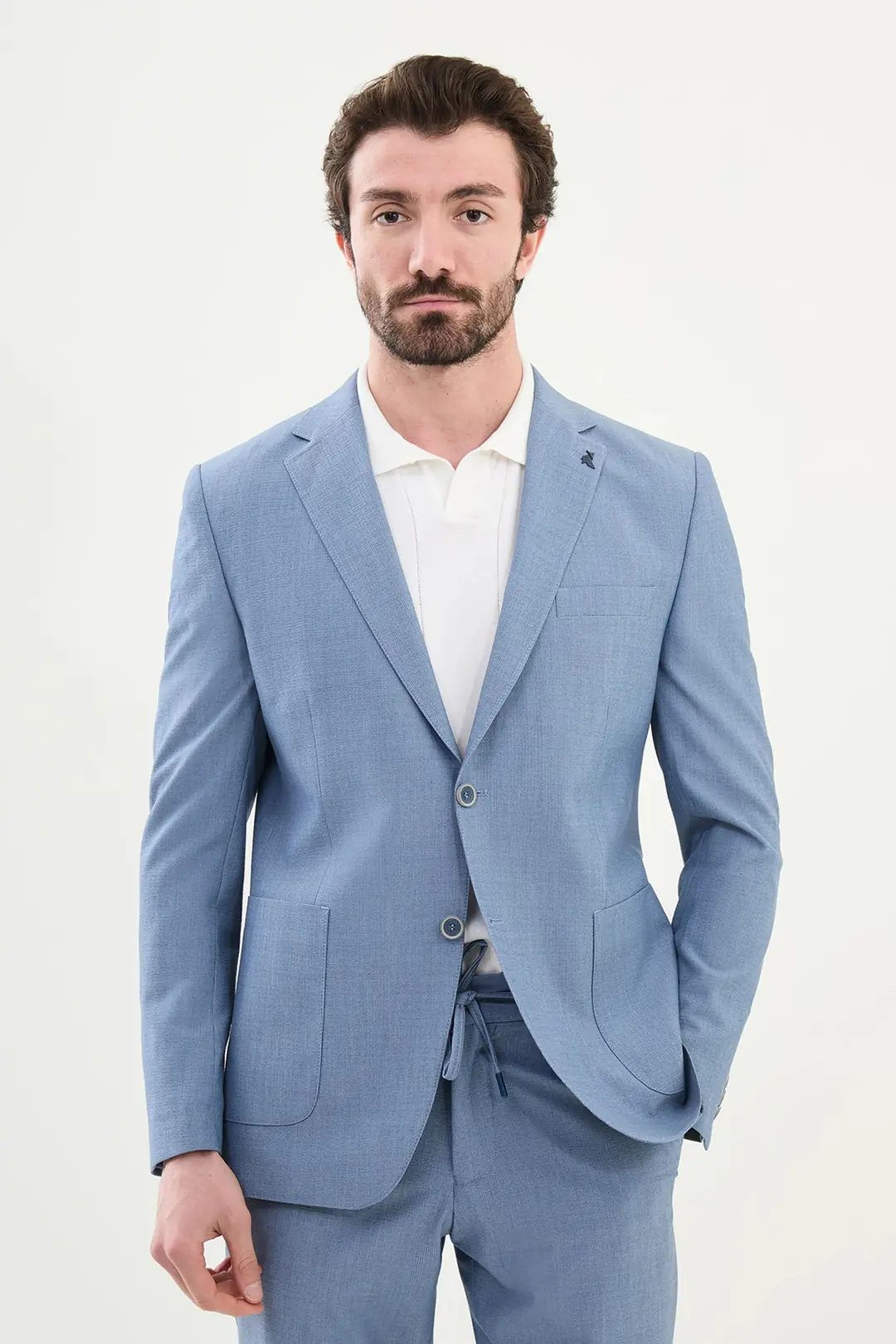 Slim Fit Erkek Torba Cep Gofre Kumaş Joggger Takım Elbise - MAVİ