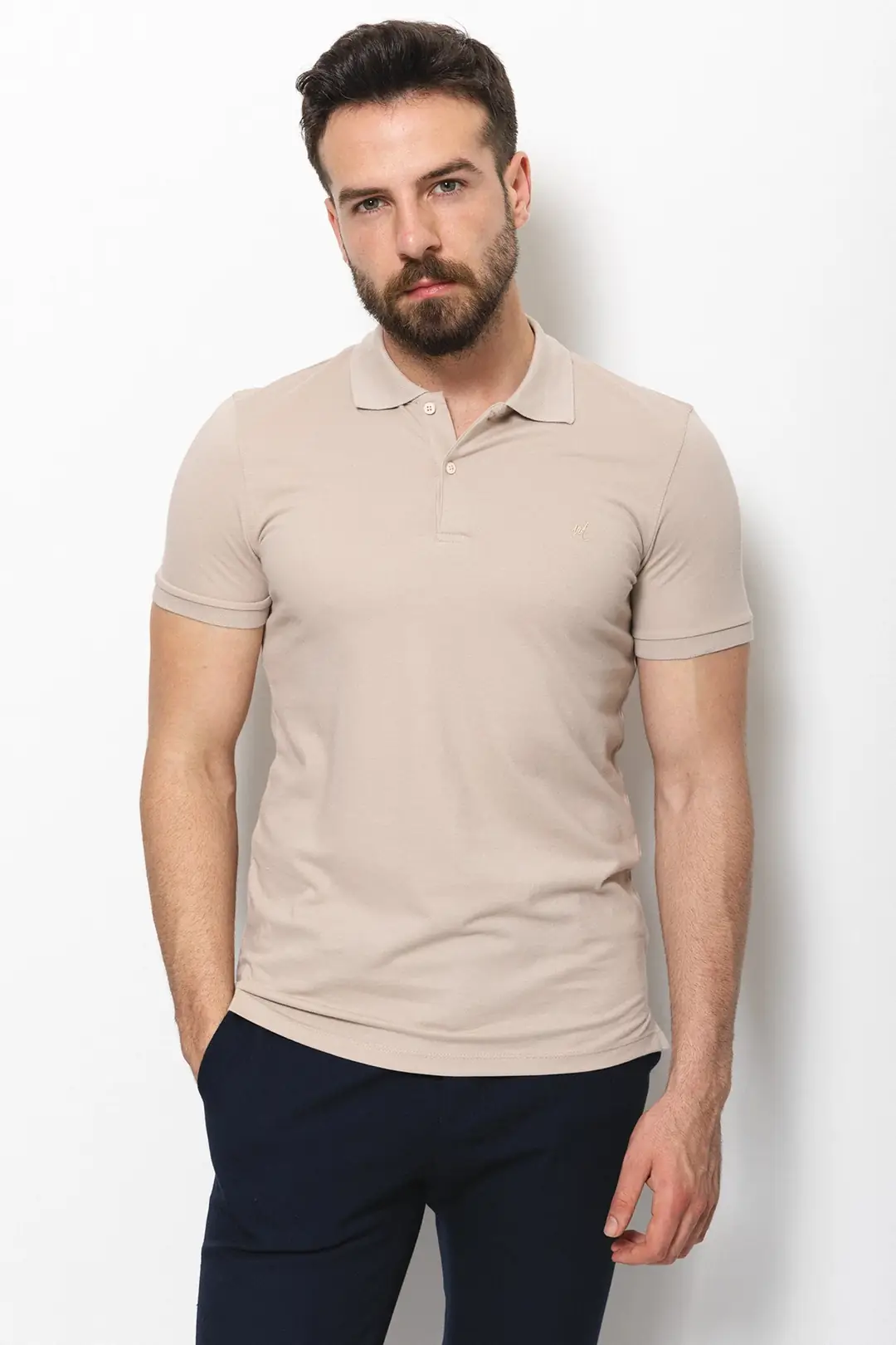 Slim Fit Erkek Polo Yaka Kısa Kol Pamuk Tshırt - BEJ