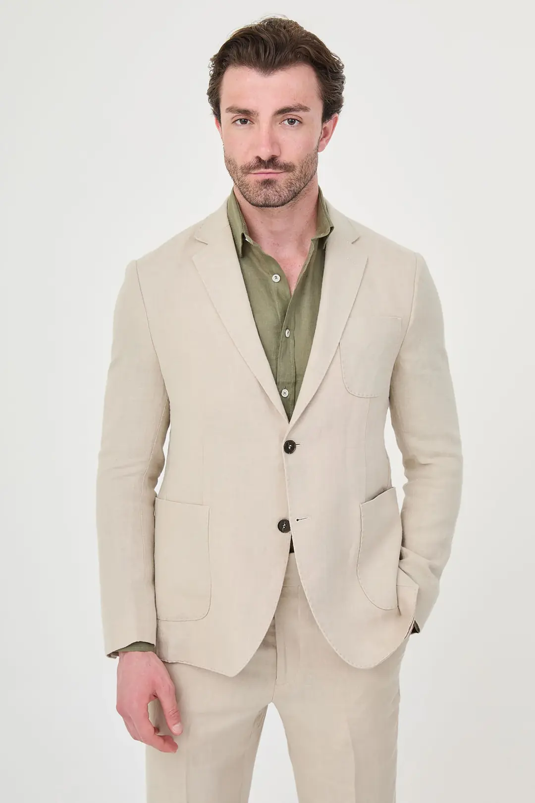 Slim Fit Erkek Torba Cep Mono Yaka Ham Keten Ceket - BEJ