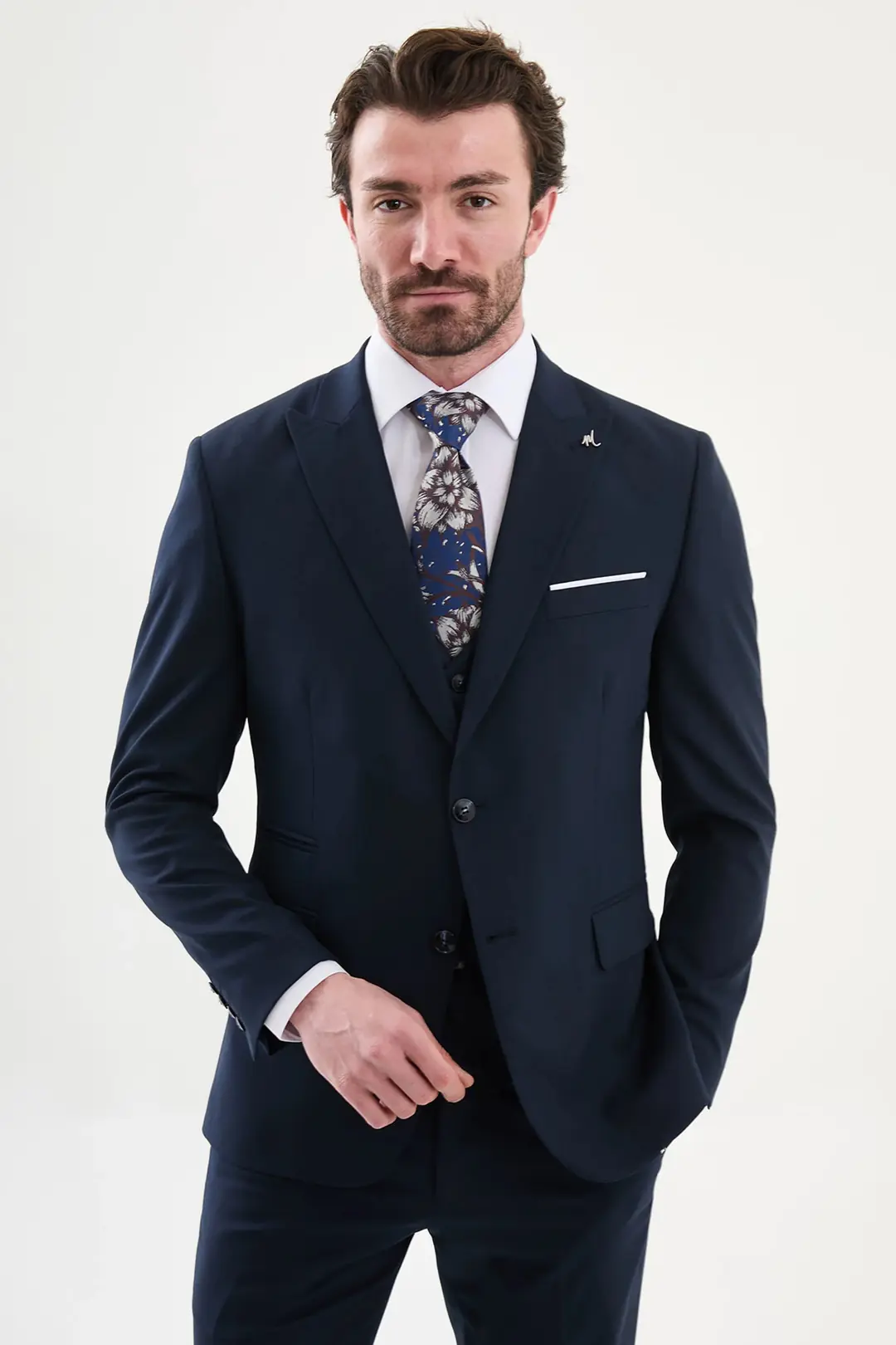 Slim Fit Erkek Sivri Yaka Yelekli Çift Düğme Takım Elbise - LACİVERT