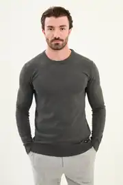 Slim Fit Erkek Düz Kumaş O Yaka Dokuma Triko Kazak 1