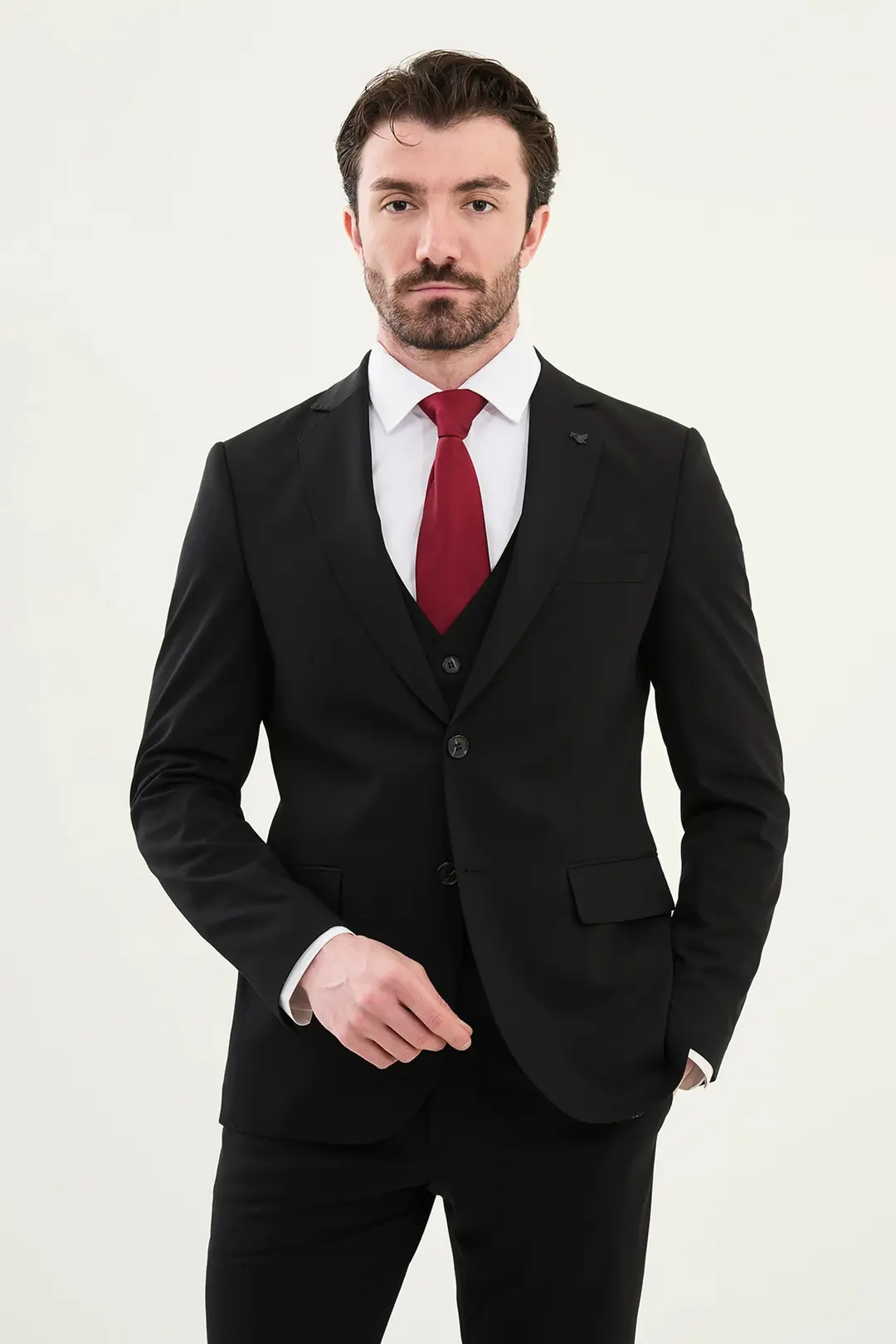 Slim Fit Erkek Mono Yaka Yelekli Likralı Çift Düğme 4  Drop Takım Elbise - SİYAH