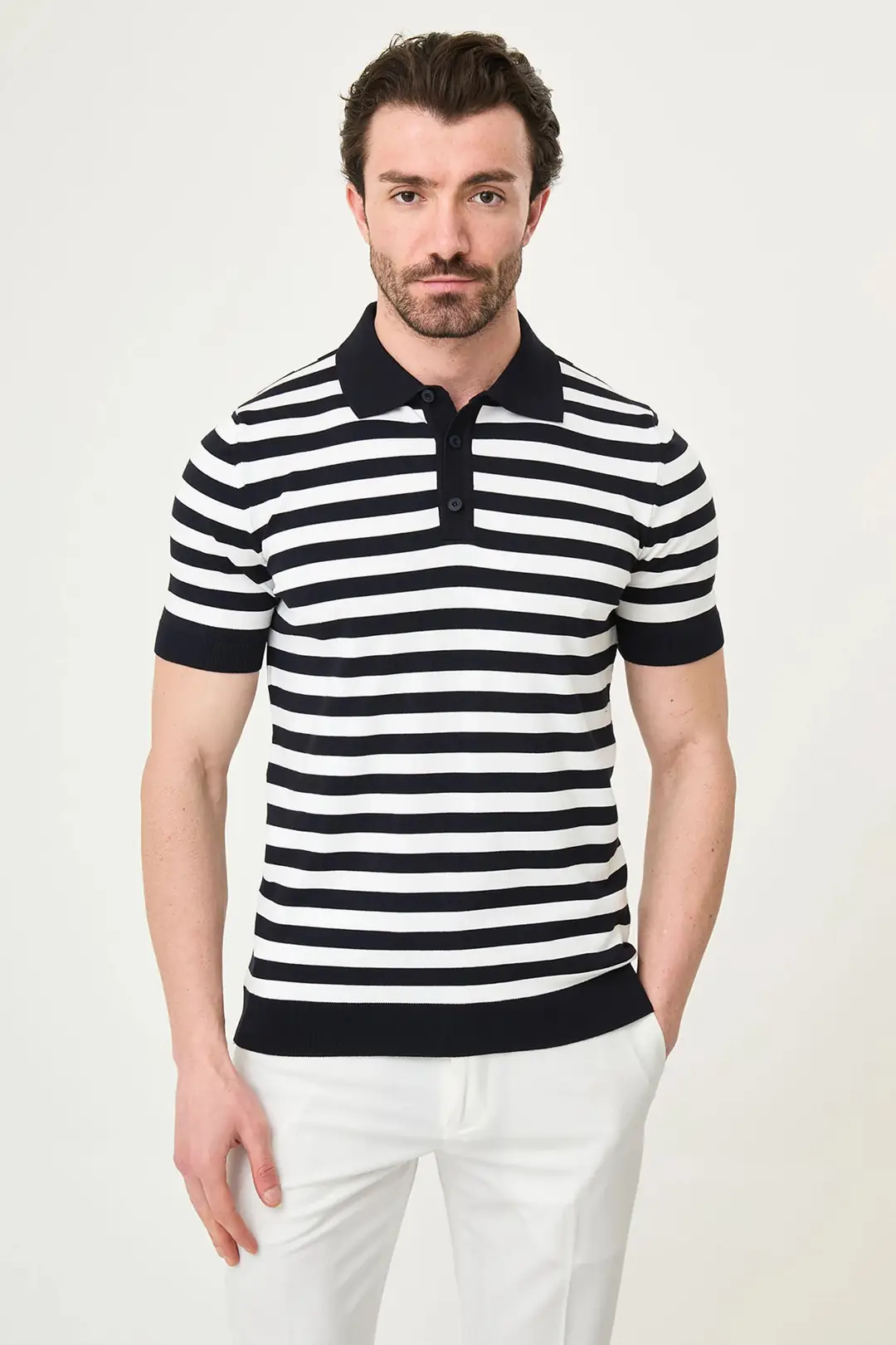 Slim Fit Polo Yaka Düğmeli Çizgili Kısa Kollu Tshırt 9