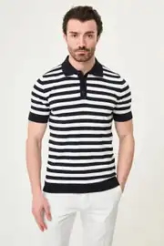 Slim Fit Polo Yaka Düğmeli Çizgili Kısa Kollu Tshırt 9