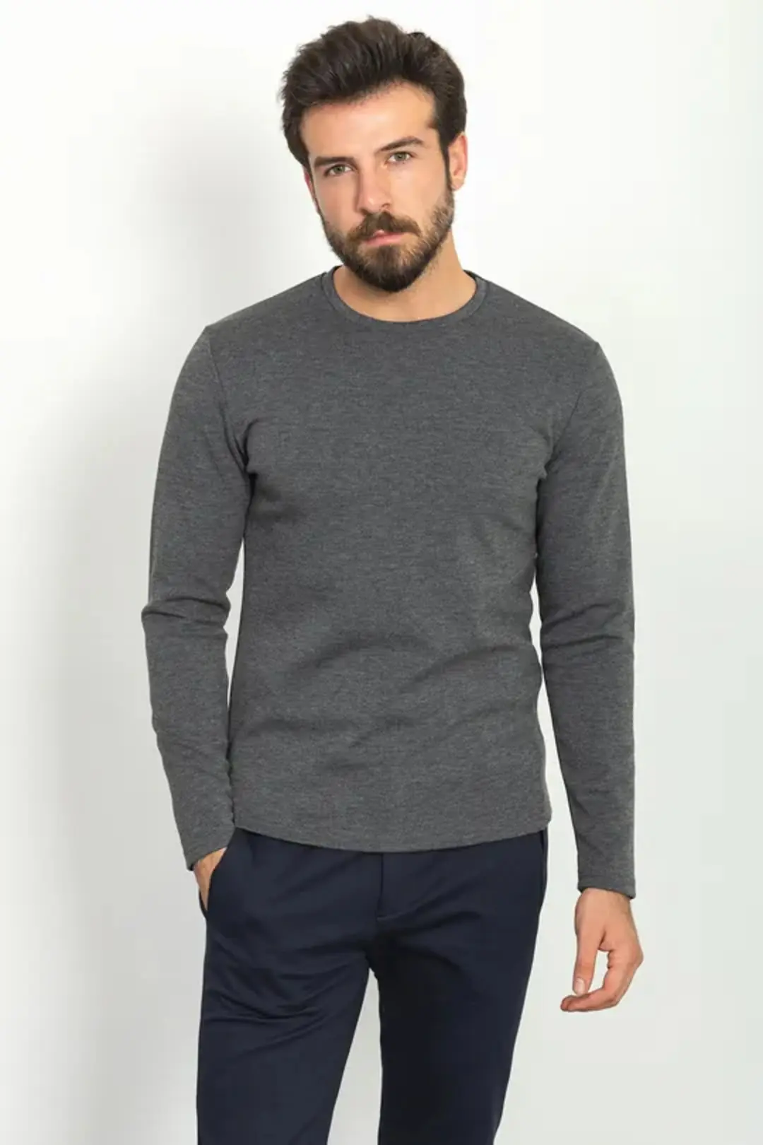 Slim Fit Erkek Softshell Kumaş O Yaka Sweat - FÜME