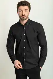 Slim Fit Erkek Düğmeli Yaka Uzun Kol Keten Gömlek 2