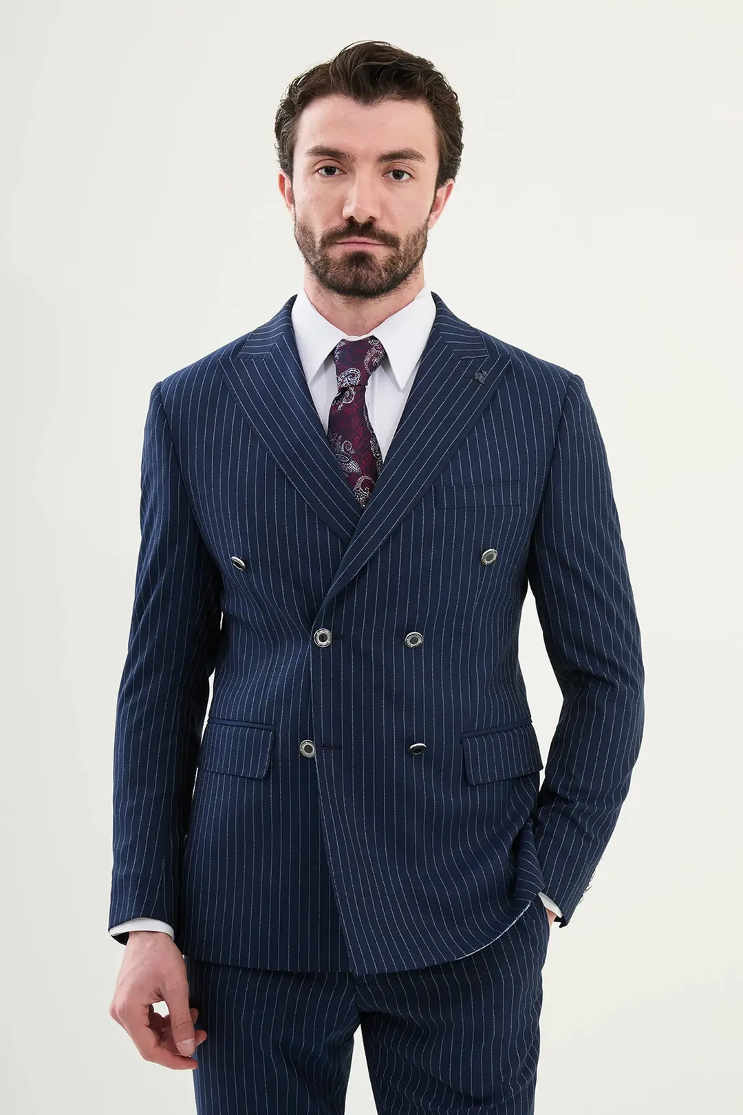 Slim Fit Erkek Çizgili Sivri Yaka Modern Takım Elbise - MAVİ
