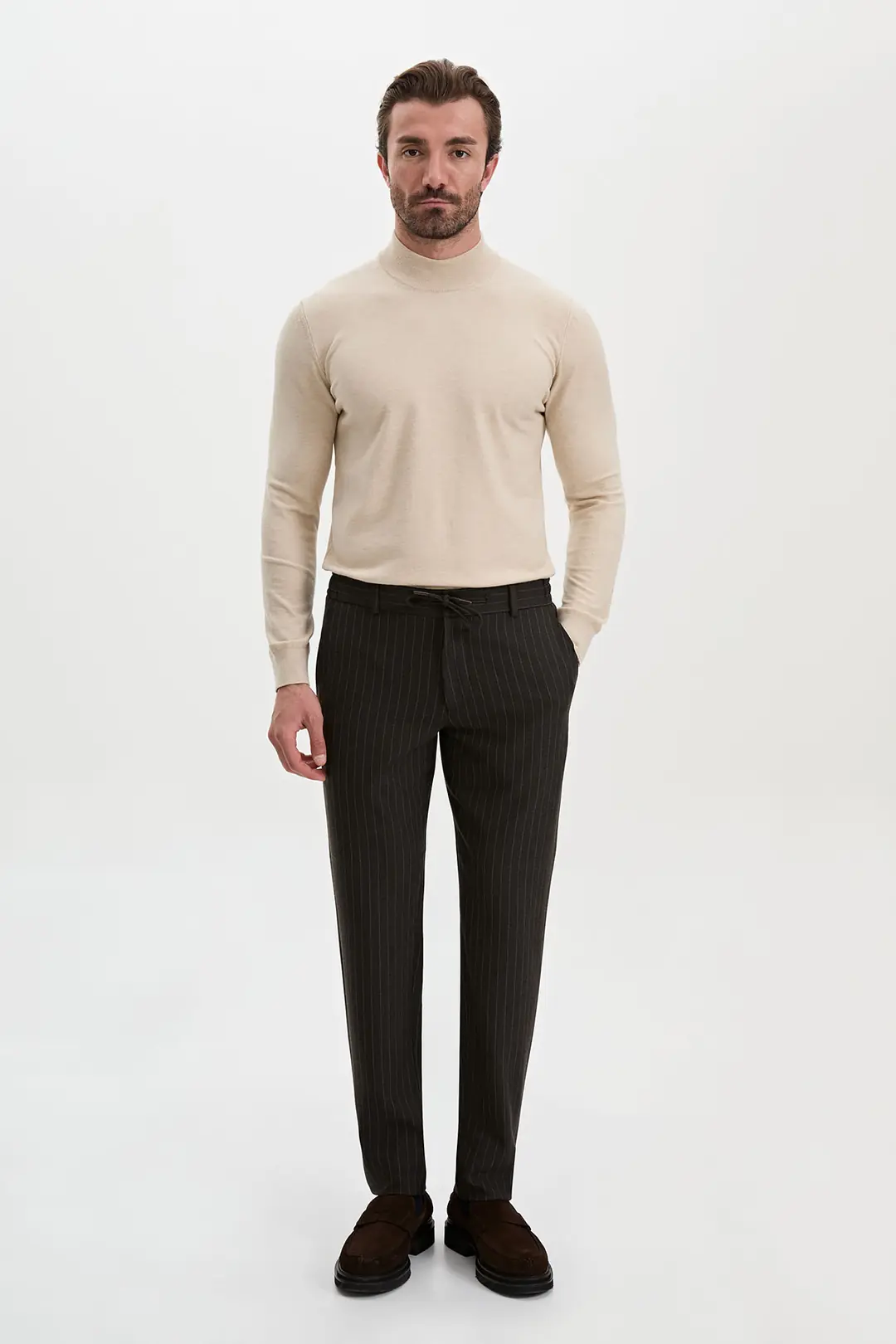 Slim Fit Erkek Çizgili Lastikli Bel İpli Jogger Kışlık Pantolon  3