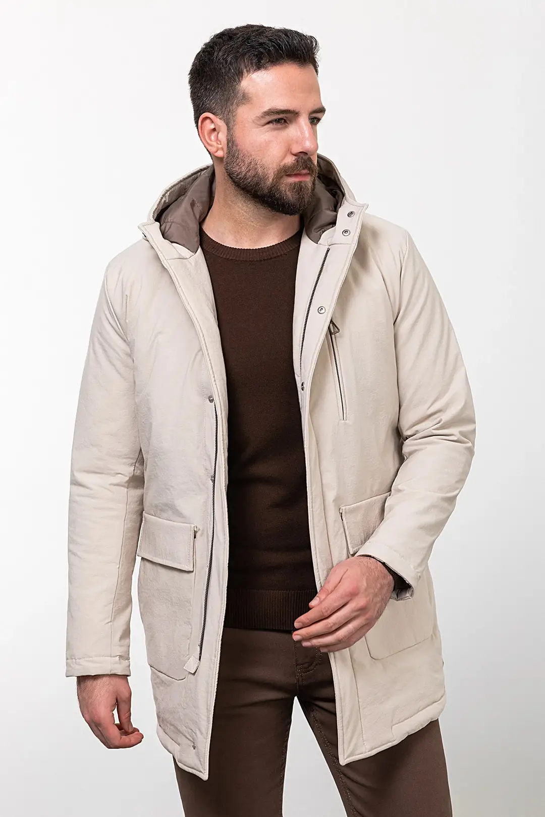 Slim Fit Erkek Kapüşonlu Uzun Su Geçirmez Cepli Fermuarlı Mont 3
