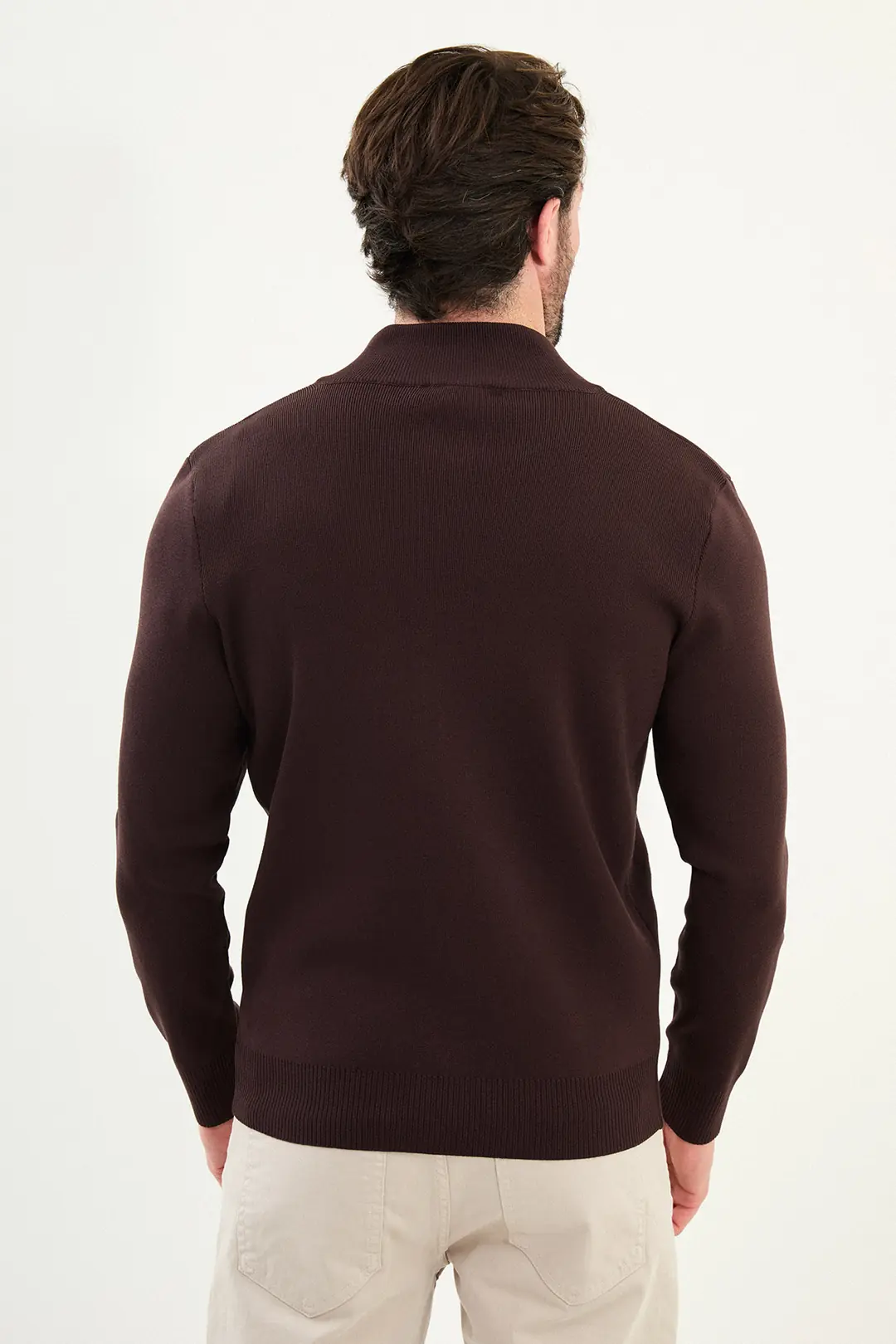 Slim Fit Erkek Çift Fermuarlı Boğazlı Yaka Örme Hırka 4