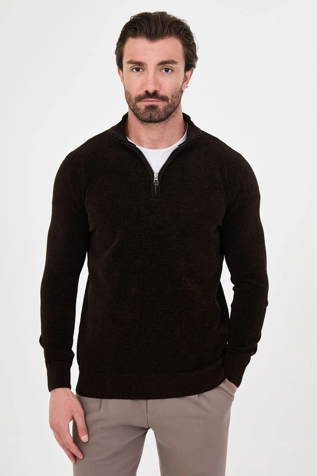 Slim Fit Erkek Fermuarlı  Boğazlı Model Pamuklu Yumuşak Sweat - KAHVERENGİ