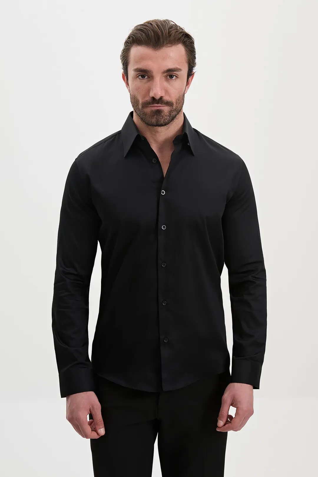 Slim Fit Erkek Geniş Yaka Düz Kumaş Pamuk Saten Gömlek  1