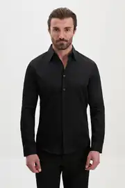 Slim Fit Erkek Geniş Yaka Düz Kumaş Pamuk Saten Gömlek  1