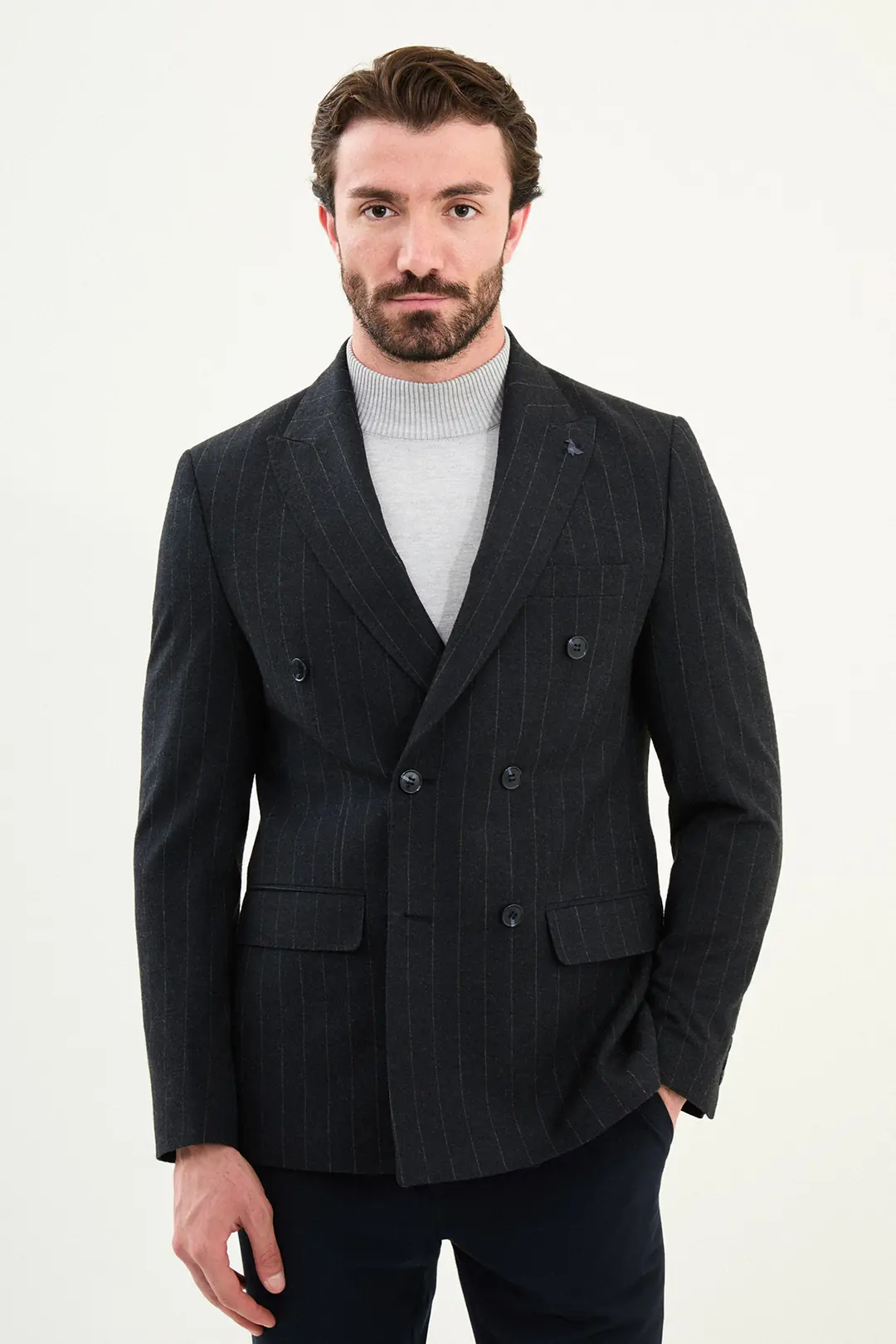 Slim Fit Erkek Çizgili Geniş Yaka Yün Kışlık Ceket - KOYU LACİVERT