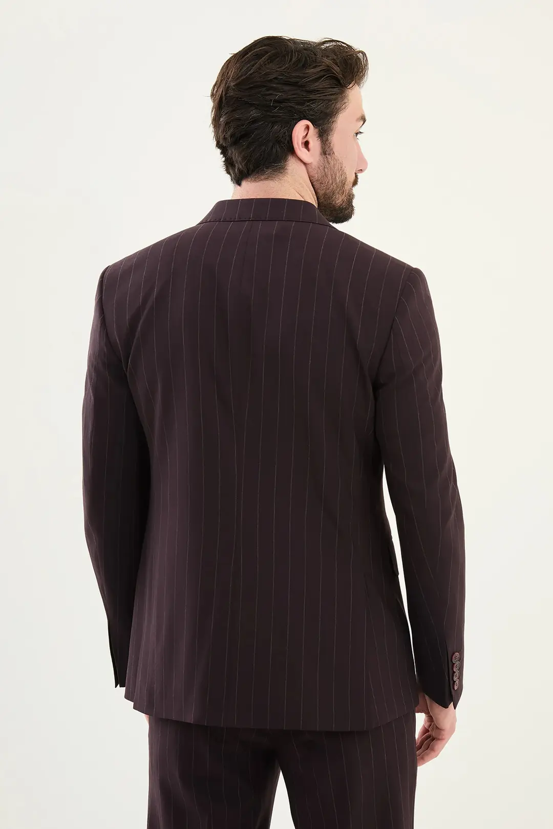 Slim Fit Erkek Çizgili Yün Kumaş Spor Kruvaze Takım Elbise 3