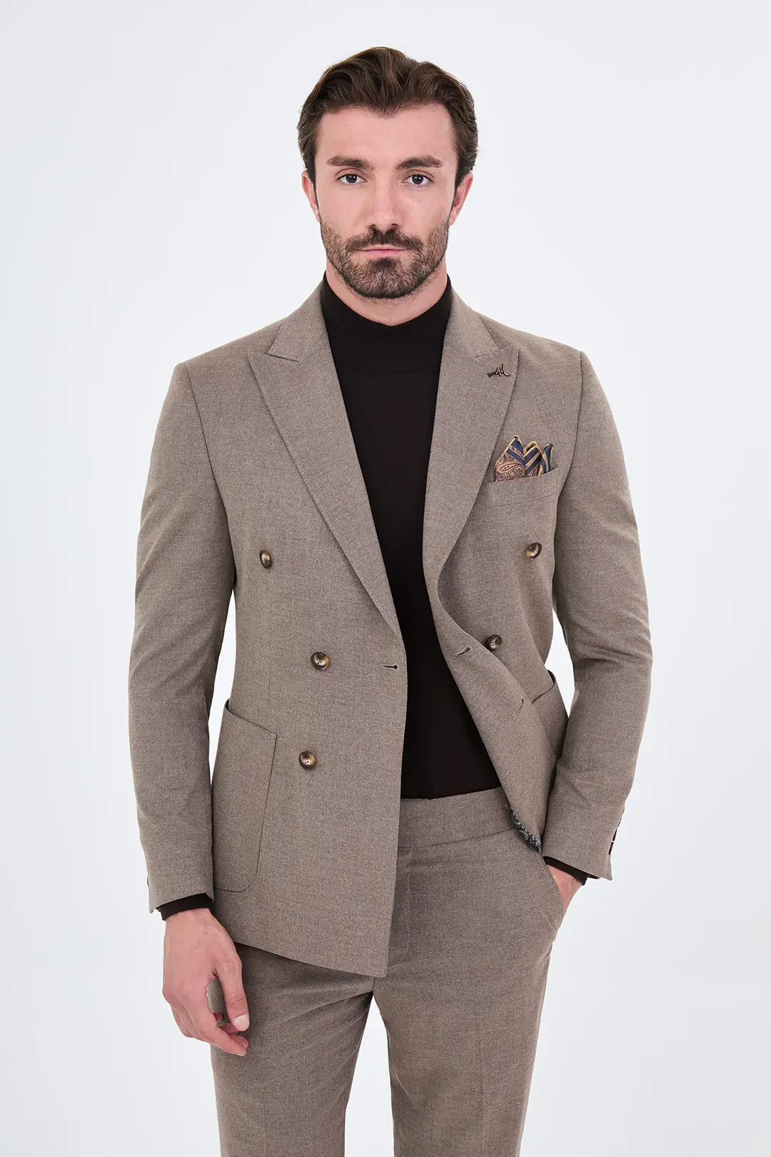 Slim Fit Erkek Yün Kumaş Kışlık Kruvaze Takım Elbise  2