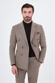 Slim Fit Erkek Yün Kumaş Kışlık Kruvaze Takım Elbise  2