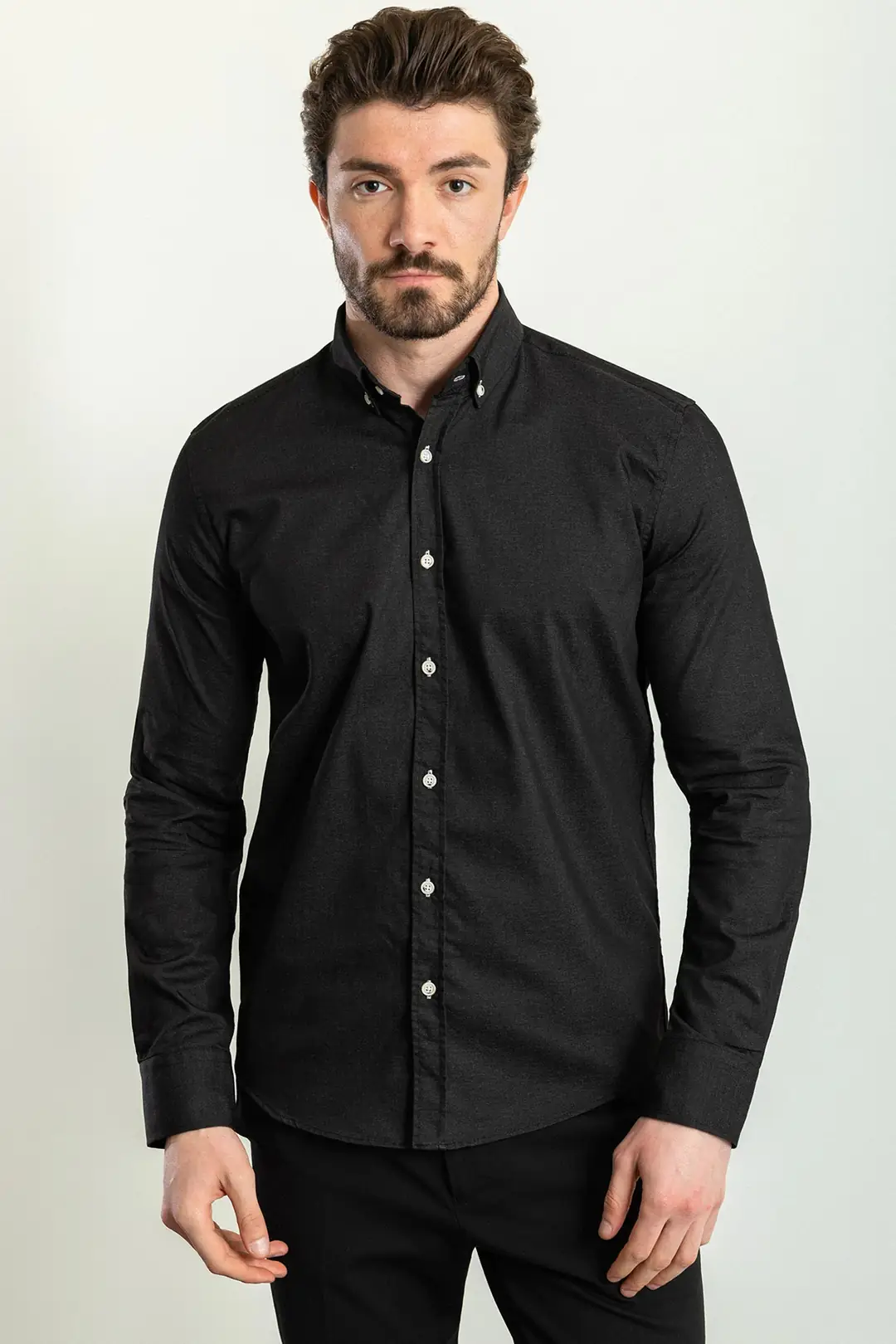 Slim Fit Erkek Düğmeli Yaka Uzun Kol Keten Gömlek 3