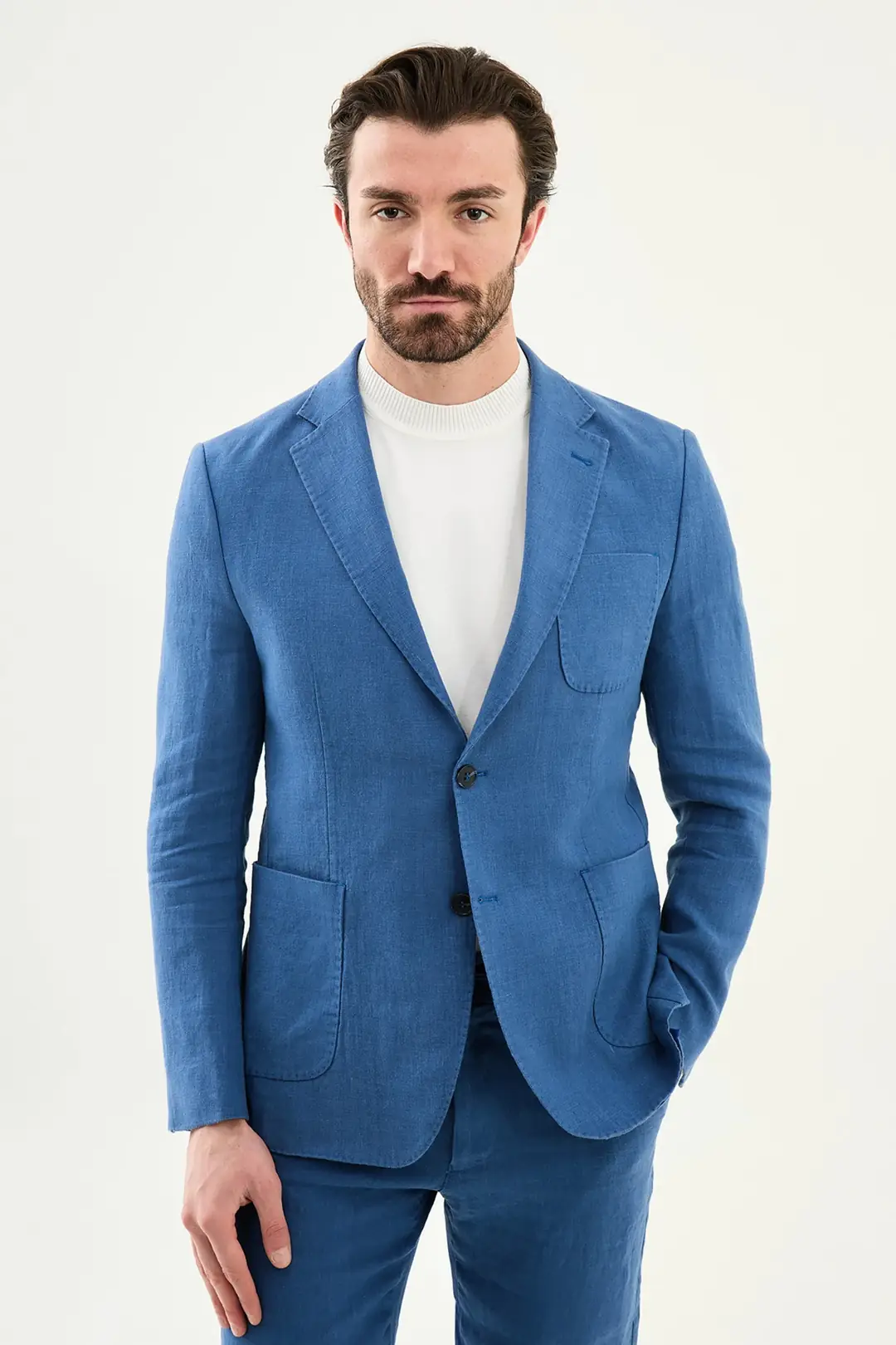 Slim Fit Erkek Torba Cep Mono Yaka Ham Keten Ceket - İNDİGO
