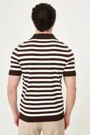 Slim Fit Polo Yaka Düğmeli Çizgili Kısa Kollu Tshırt 4