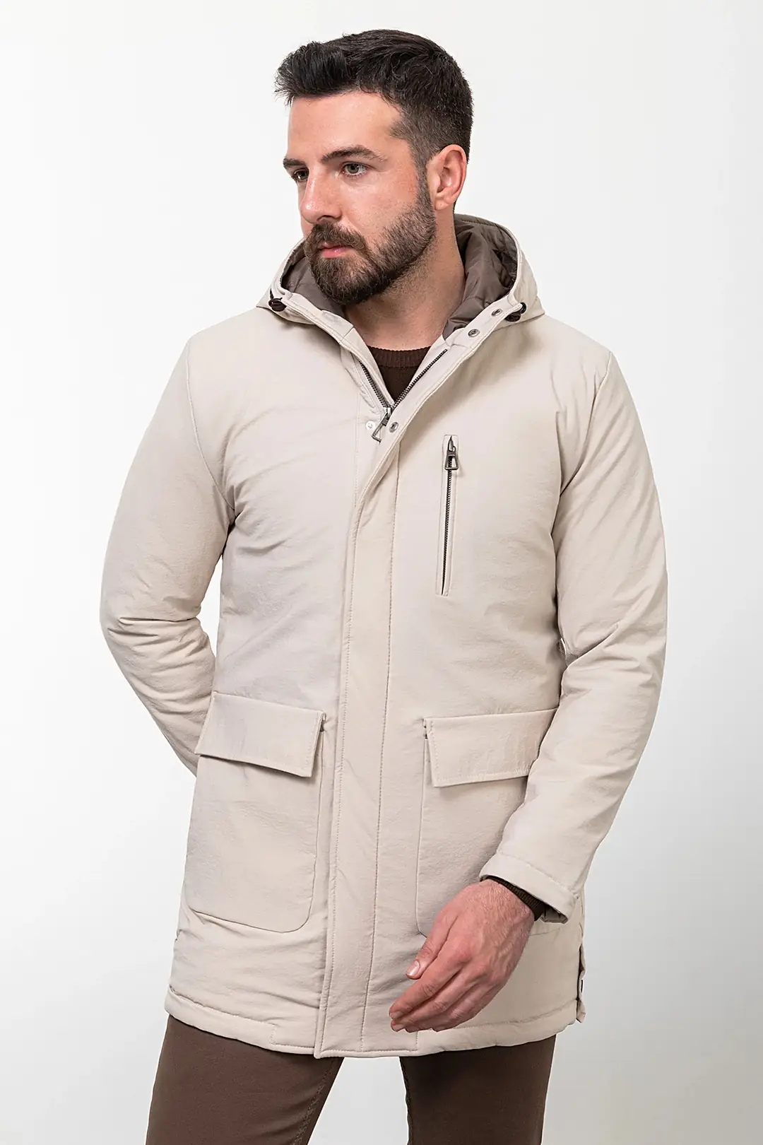 Slim Fit Erkek Kapüşonlu Uzun Su Geçirmez Cepli Fermuarlı Mont - BEJ