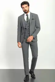 Slim Fit Erkek Mono Yaka Likralı Yelekli Takım Elbise 3