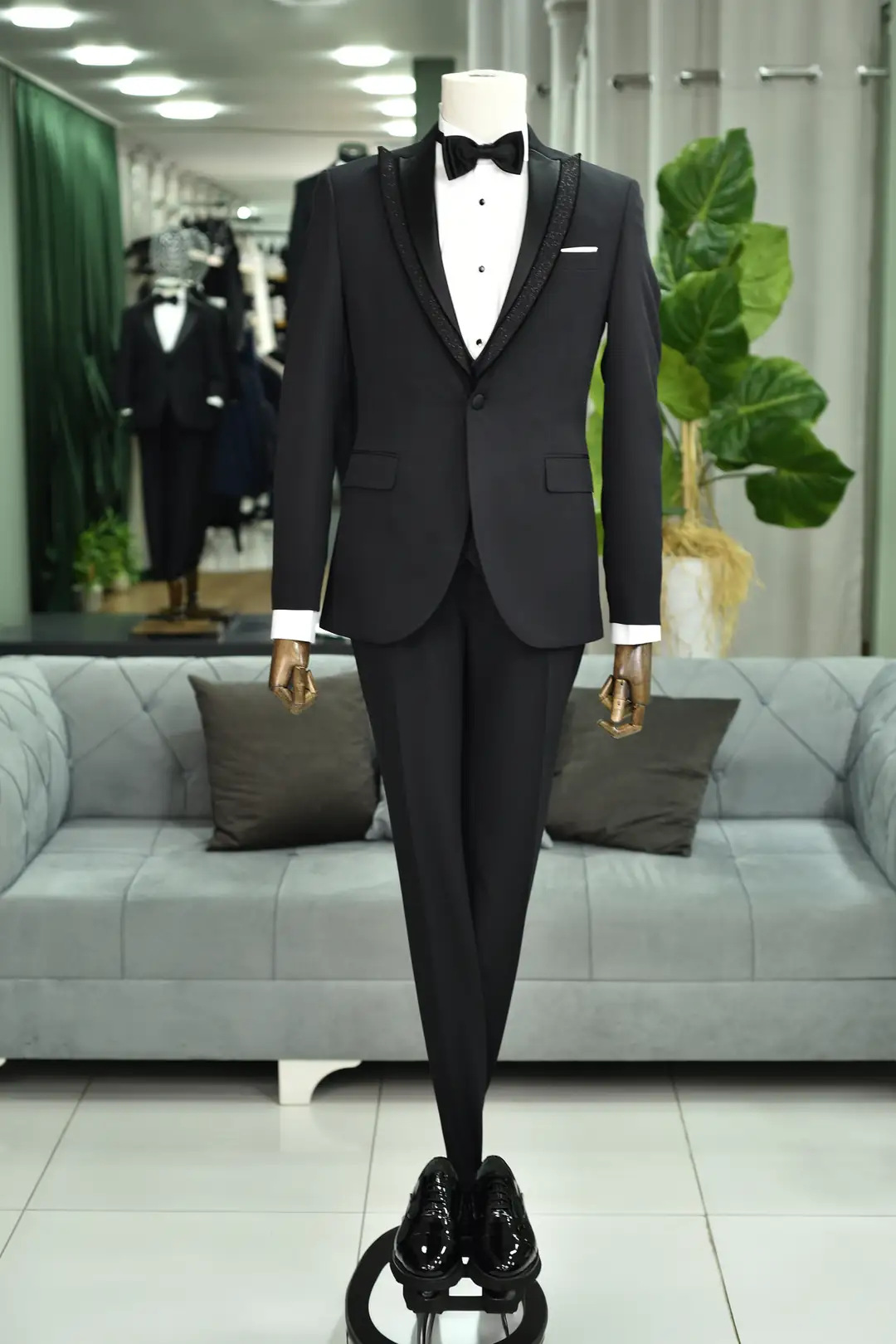 Slim Fit Erkek Likralı Rahat Simli Sivri Yaka Yelekli Smokin