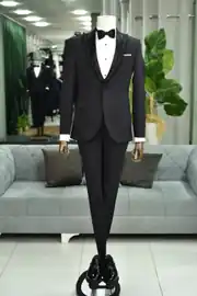 Slim Fit Erkek Likralı Rahat Simli Sivri Yaka Yelekli Smokin 1