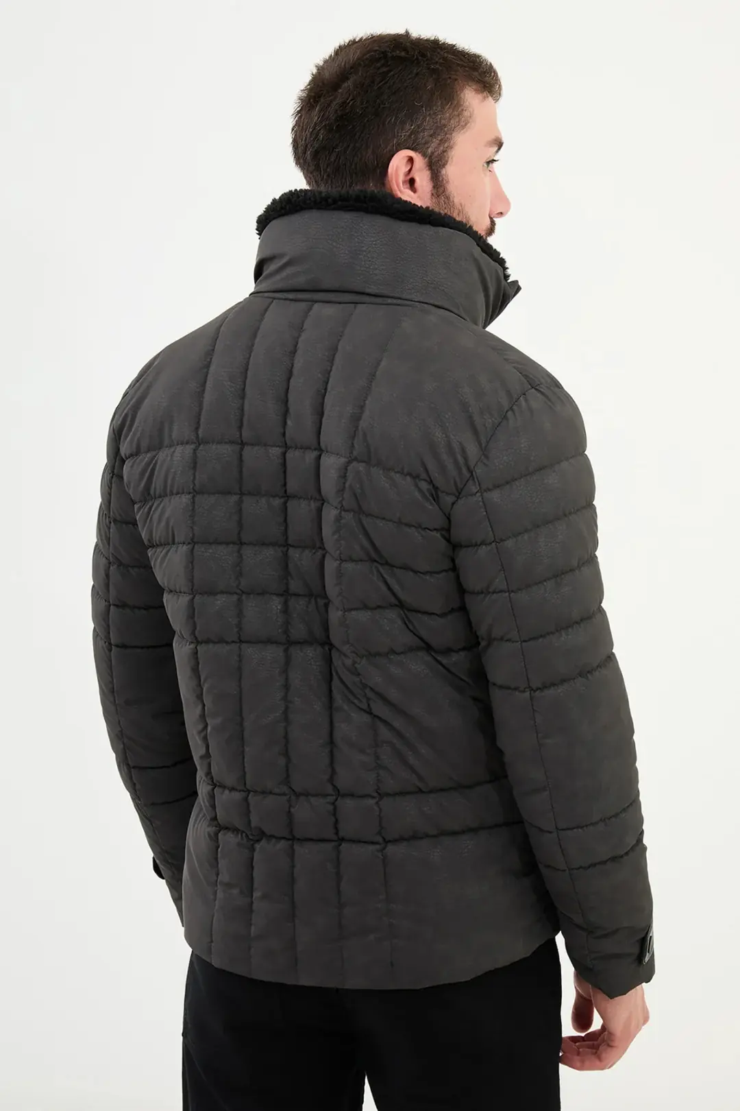 Slim Fit Erkek Fermuarlı Cepli Kürk Boyunlu Yarı Parlak  Şişme Mont 3