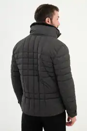 Slim Fit Erkek Fermuarlı Cepli Kürk Boyunlu Yarı Parlak  Şişme Mont 3