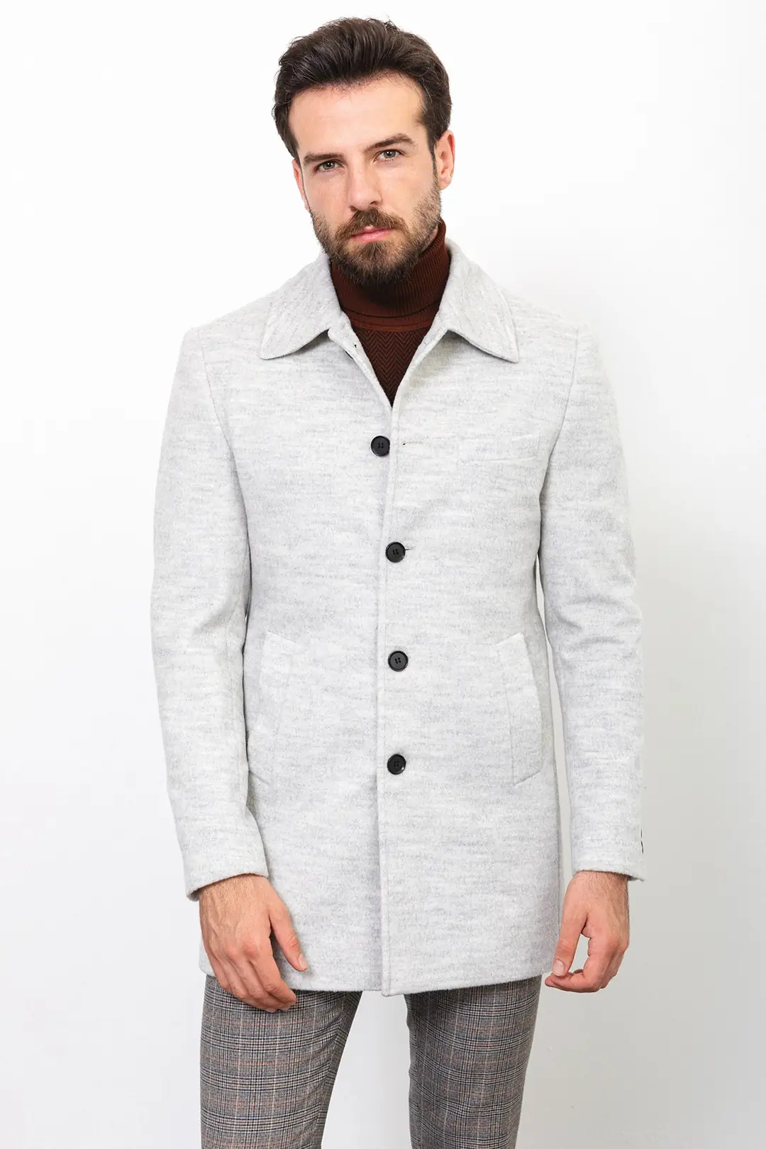 Slim Fit Erkek Bebe Yaka Düz Yün Kaşe Kaban - GRİ