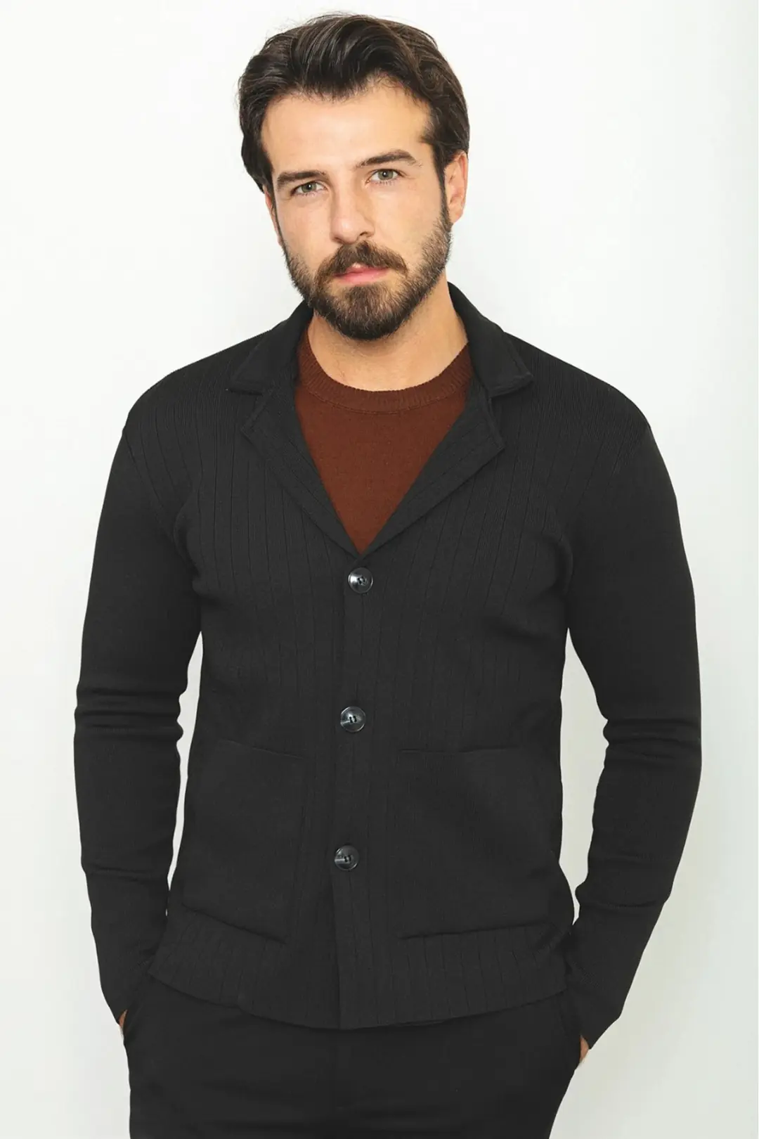 Slim Fit Erkek Çelik Örgü Düğmeli Cepli Çizgi Desen Hırka - SİYAH