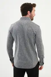 Slim Fit Erkek Çizgili Esnek Kumaş Kışlık Spor Gömlek 2