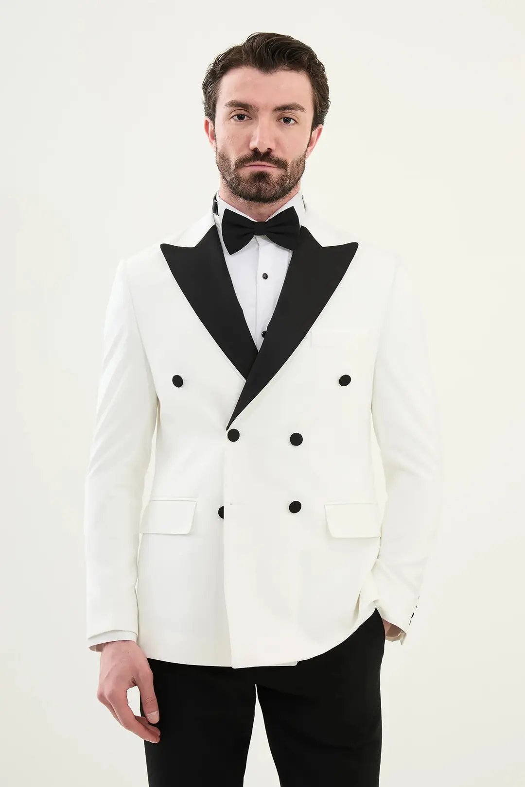 Slim Fit Erkek Kruvaze Likralı Geniş Yaka Damatlık Smokin - BEYAZ