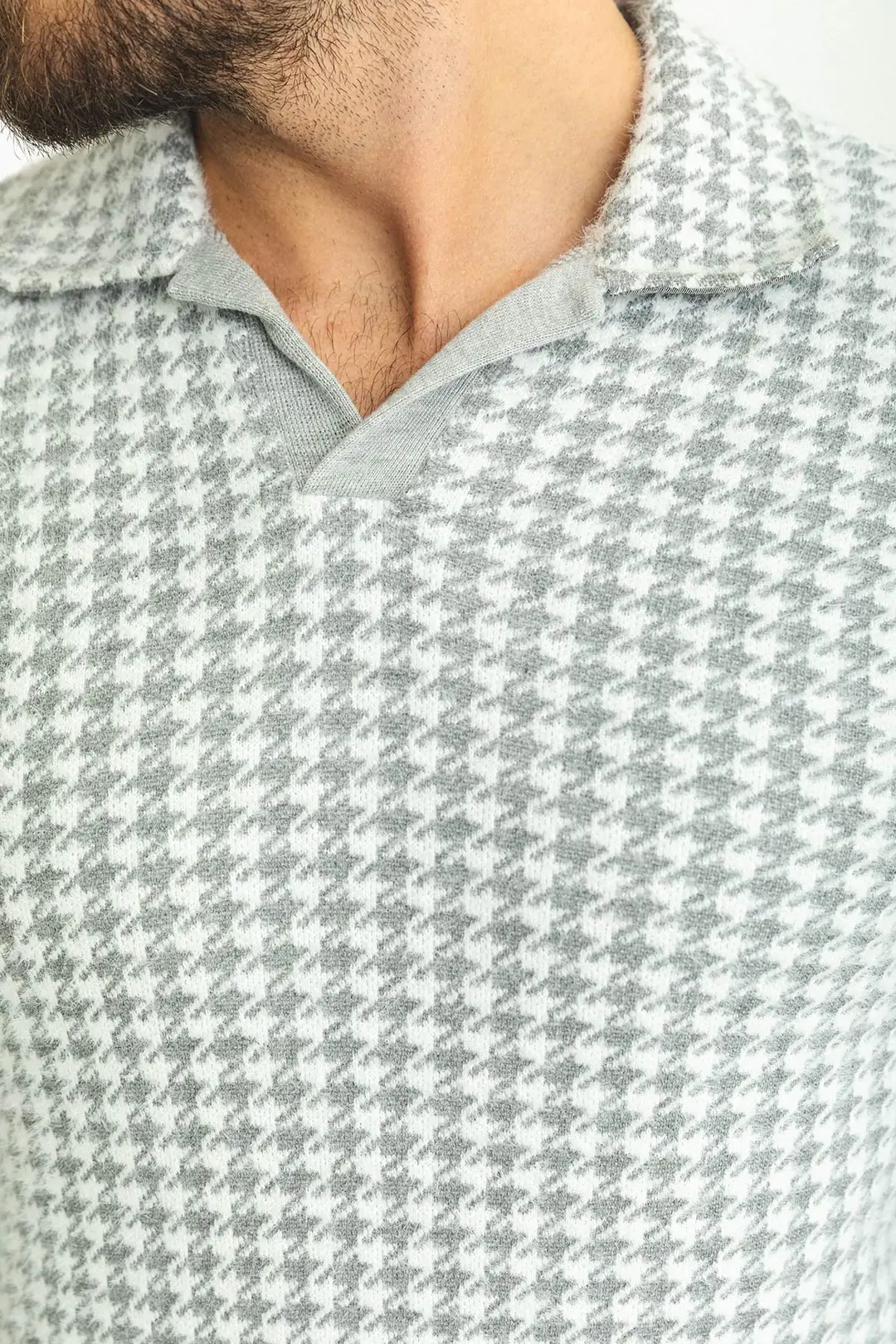 Slim Fit Erkek Kaz Ayağı Desen Polo Yaka Triko Kazak 4