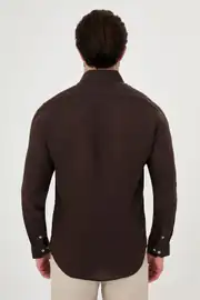 Slim Fit Erkek Gizli Düğmeli Yaka Ham Keten Spor Gömlek 4