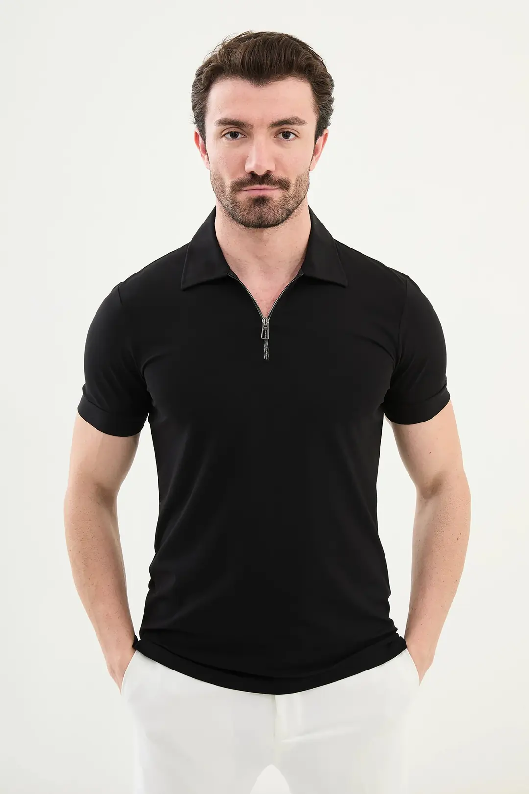 Extra Slim Fit Erkek Polo Yaka Kısa Kol Fermuarlı Tshırt 1