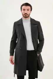 Erkek Yün Kumaş Geniş Yaka Kruvaze Model Kuşaklı Uzun Kaban  2