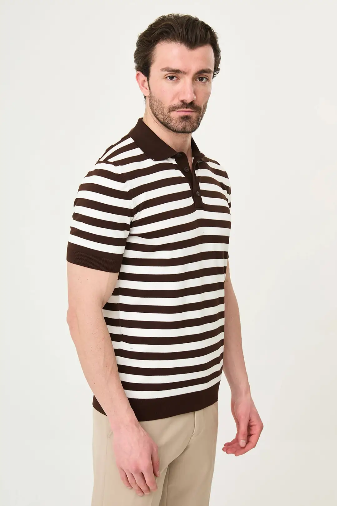 Slim Fit Polo Yaka Düğmeli Çizgili Kısa Kollu Tshırt 3