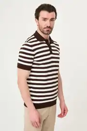 Slim Fit Polo Yaka Düğmeli Çizgili Kısa Kollu Tshırt 3