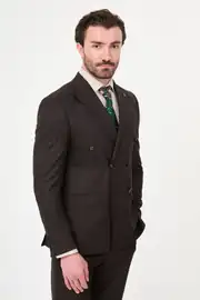 Slim fit Erkek Kruvaze Model Yünlü Çizgili Kumaş Takım Elbise  3