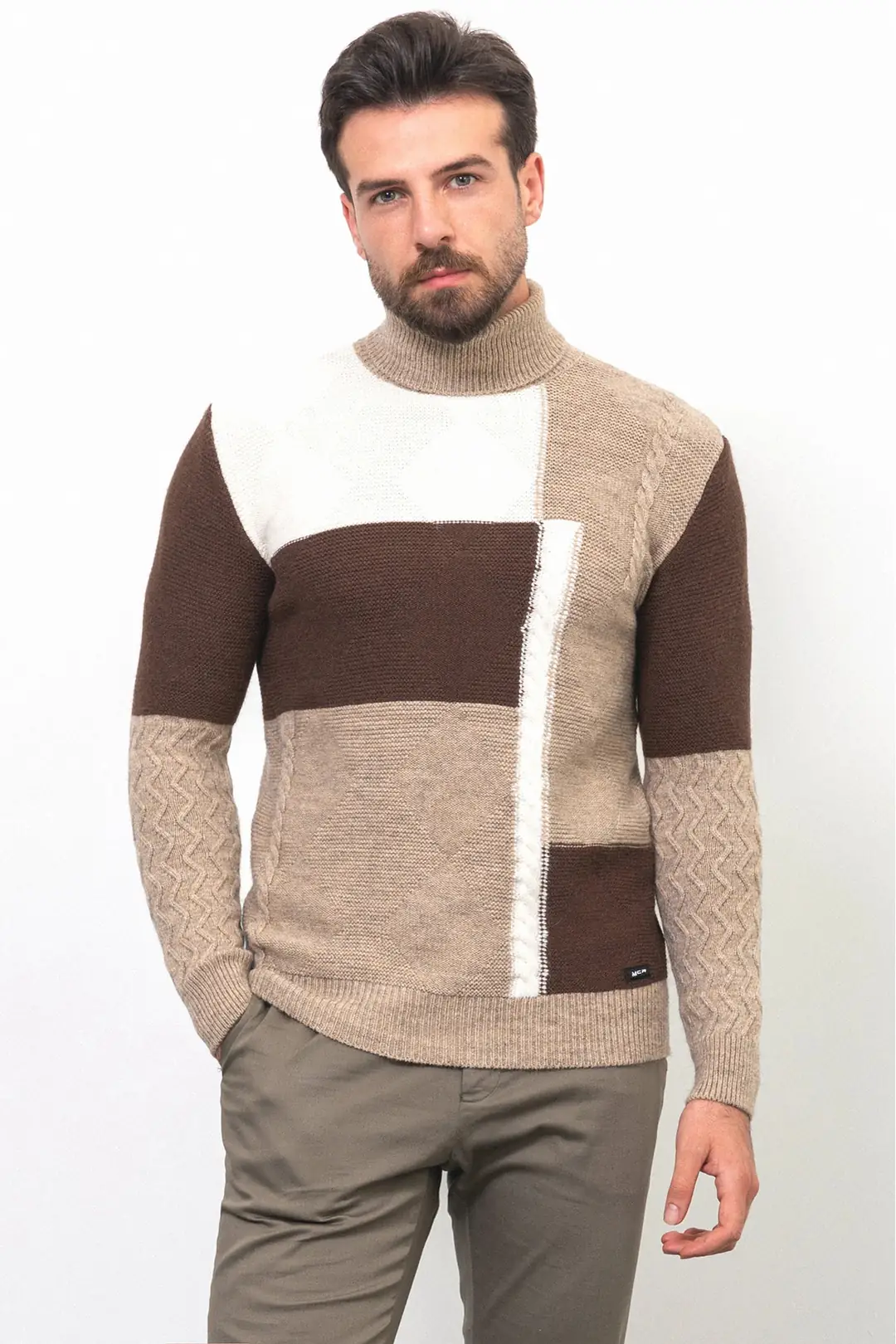 Slim Fit Erkek Parça Desen Örgü Tam Boğazlı Triko Kazak - KAHVERENGİ
