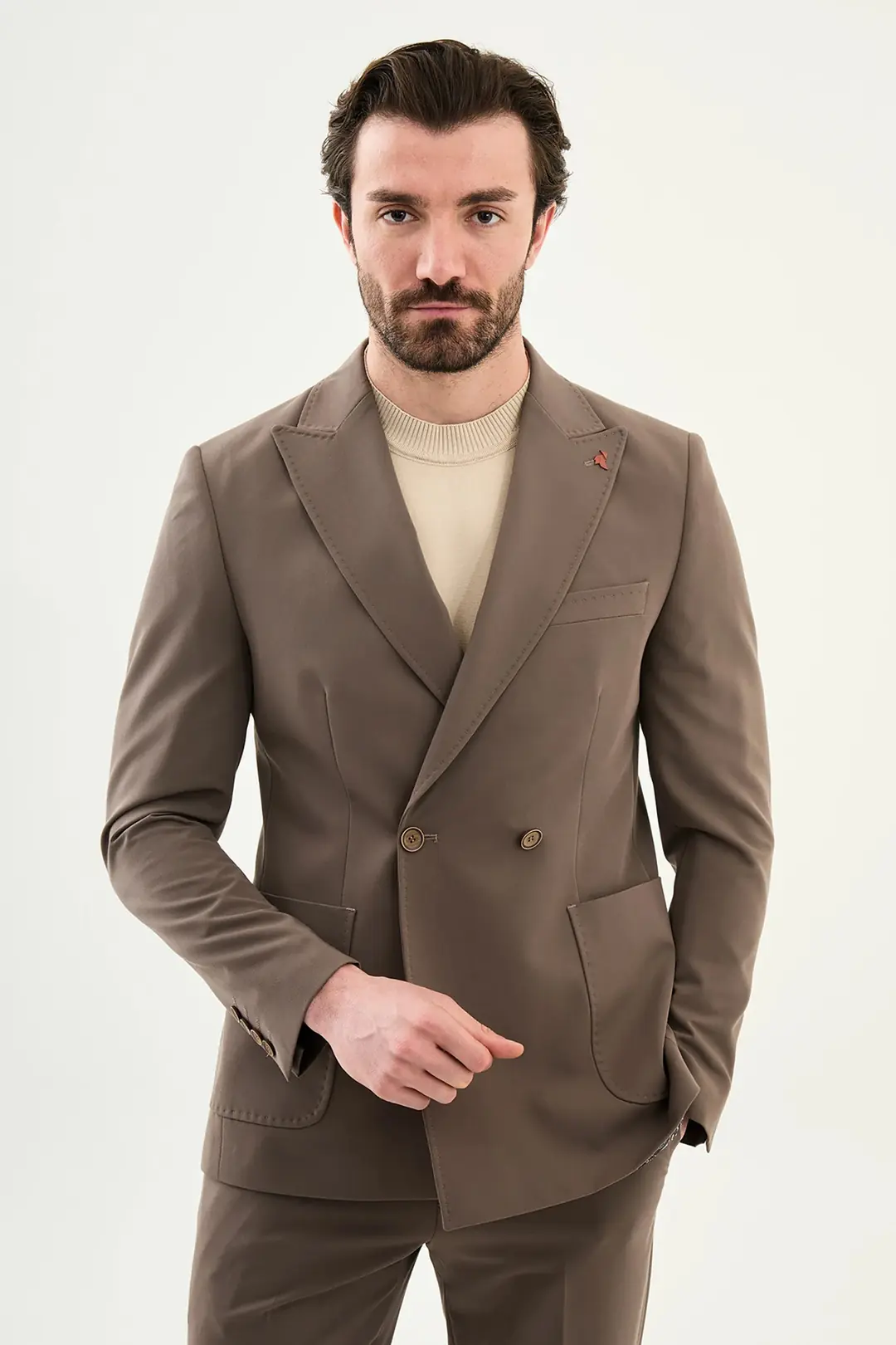 Relaxed Fit Erkek Kırlangıç Yaka Çift Düğme Takım Elbise - KAHVERENGİ