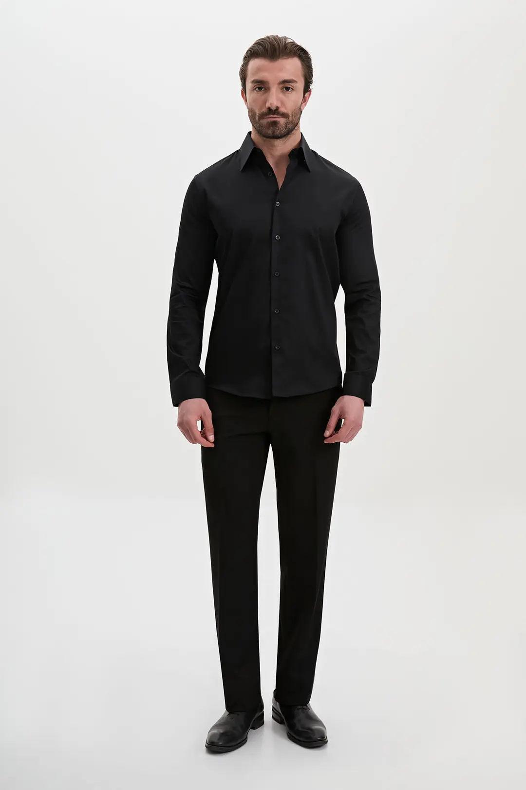 Slim Fit Erkek Geniş Yaka Düz Kumaş Pamuk Saten Gömlek  3